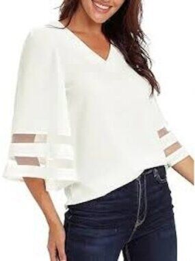 White V-Neck Blouse With Sheer Trim Bell Sleeves Womens Size Large